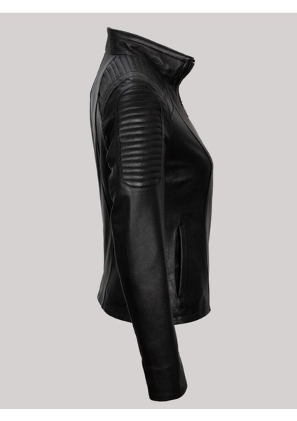 Hakiki Kuzu Derisi Siyah Omuzdan Düz Çizgi Desenli Kadın Deri Mont modelleri