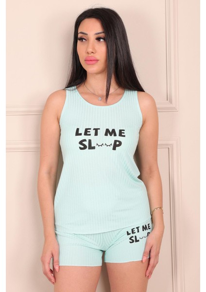Kadın Sloganlı Kalın Askılı Şortlu Pijama Takımı Bebe Mavisi