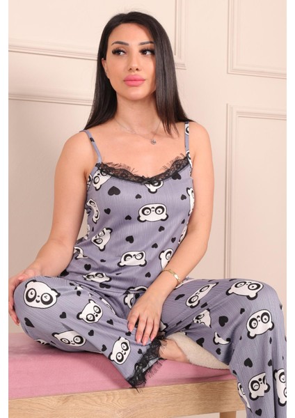 Kadın Panda Desenli Ip Askılı Altı Uzun Pegasus Pijama Takımı Indigo