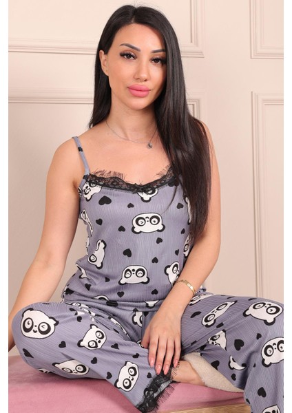 Kadın Panda Desenli Ip Askılı Altı Uzun Pegasus Pijama Takımı Indigo fiyatları