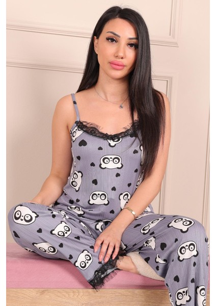Kadın Panda Desenli Ip Askılı Altı Uzun Pegasus Pijama Takımı Indigo fırsatları
