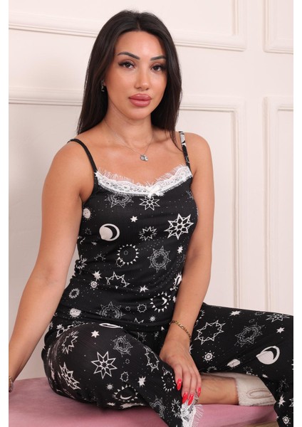 Kadın Motif Desenli Ip Askılı Altı Uzun Pegasus Pijama Takımı