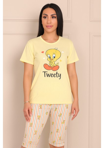 Tweety Desenli Kısa Kol Altı Kapri Pijama Takımı
