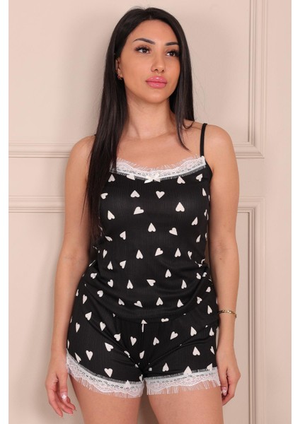 Kadın Kalp Desenli Ip Askılı Şortlu Pegasus Pijama Takımı