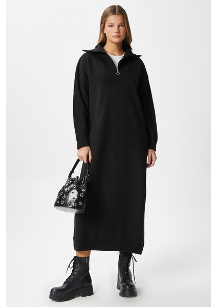 Kadın Magie Polo Yaka Fermuarlı Siyah Uzun Triko Elbise modelleri