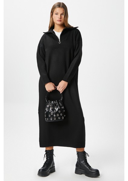 Kadın Magie Polo Yaka Fermuarlı Siyah Uzun Triko Elbise fırsatları