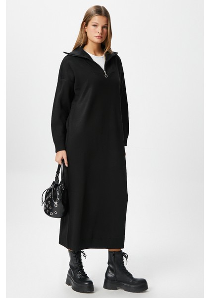 Kadın Magie Polo Yaka Fermuarlı Siyah Uzun Triko Elbise indirimleri