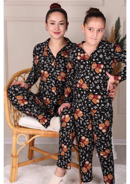 Ayıcık Desenli Süet Anne-Kız Pijama Takımı Siyah