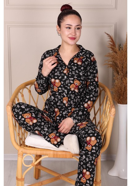 Ayıcık Desenli Süet Anne-Kız Pijama Takımı Siyah fiyatları