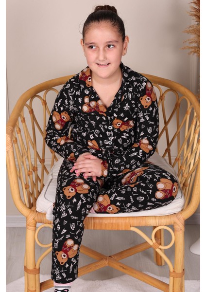 Ayıcık Desenli Süet Anne-Kız Pijama Takımı Siyah modelleri