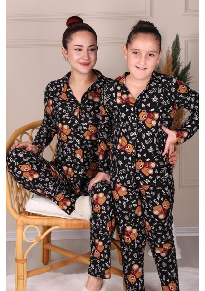 Ayıcık Desenli Süet Anne-Kız Pijama Takımı Siyah fırsatları
