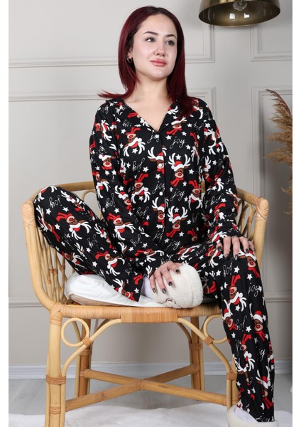 Geyik Desenli Önü Düğmeli Süet Pijama Takımı Siyah