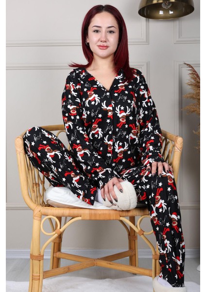 Geyik Desenli Önü Düğmeli Süet Pijama Takımı Siyah fırsatları