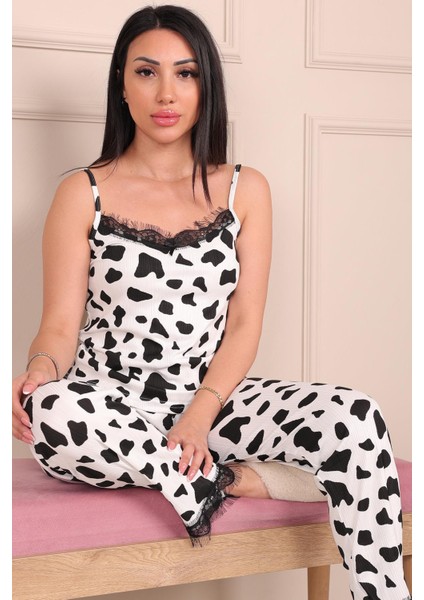 Kadın Benek Desenli Ip Askılı Altı Uzun Pegasus Pijama Takımı Beyaz-Siyah fırsatları