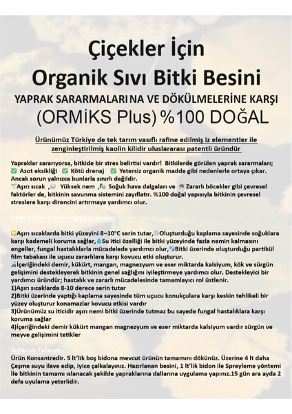 1 Lt Çiçek ve Bitkiler için Konsantre(10 lt Su ile) Organik Sıvı Bitki Besini (Sararan ve Dökülen Yapraklar için) fiyatları