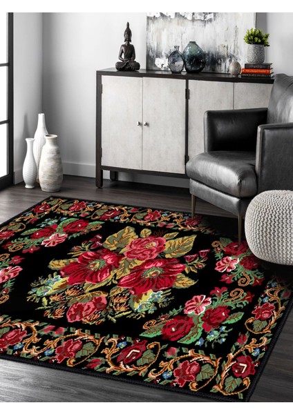 Vitage Etnik Çiçek Desen Eskitme Model Dokuma Taban Kilim