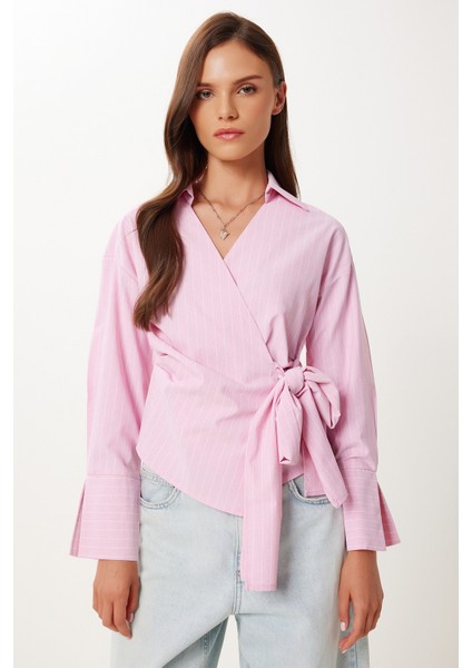 Gömlek Yaka Çizgili Anvelop Poplin Bluz LDP0070 Pembe