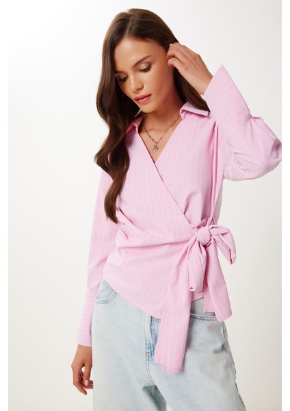 Gömlek Yaka Çizgili Anvelop Poplin Bluz LDP0070 Pembe fiyatları