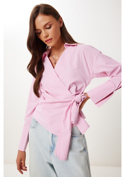 Gömlek Yaka Çizgili Anvelop Poplin Bluz LDP0070 Pembe modelleri