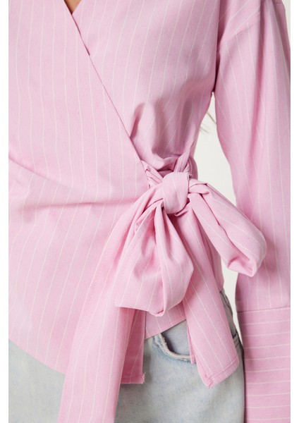 Gömlek Yaka Çizgili Anvelop Poplin Bluz LDP0070 Pembe fırsatları