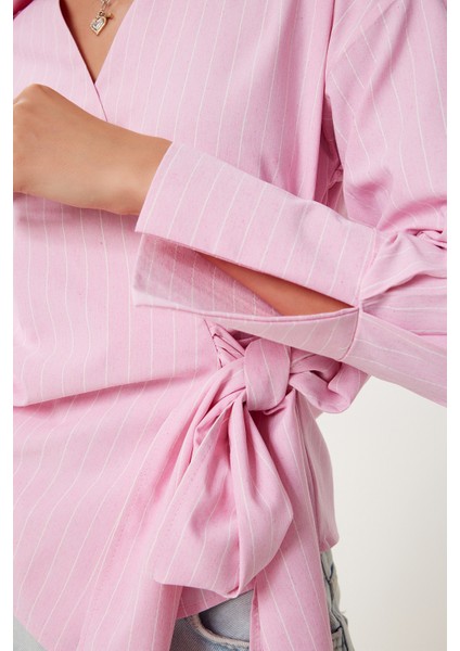Gömlek Yaka Çizgili Anvelop Poplin Bluz LDP0070 Pembe indirimleri