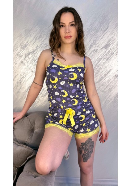 Ay Desenli Şortlu Pegasus Pijama Takım Füme