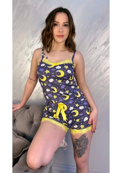 Ay Desenli Şortlu Pegasus Pijama Takım Füme modelleri