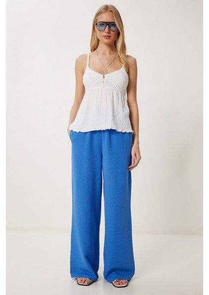 Geniş Paça Keten Pantolon LDP0071 Mavi