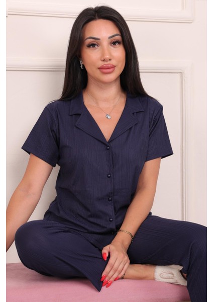 Düğmeli Kısa Kol Pegasus Pijama Takımı Lacivert