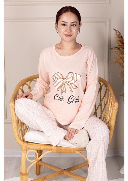 Fiyonk Desenli Uzun Kollu Pijama Takımı Somon
