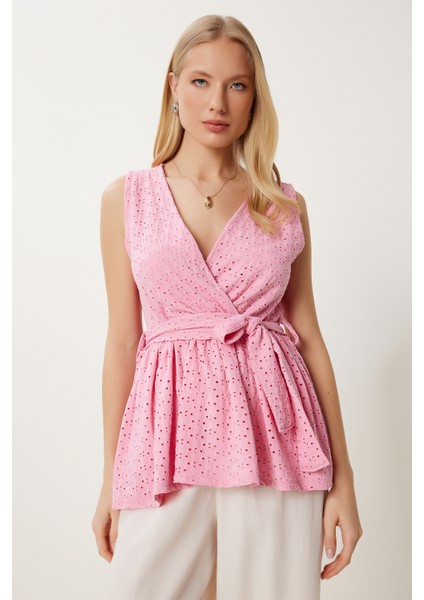 Anvelop Yaka Ajurlu Örme Bluz LZV0015 Pembe fiyatları
