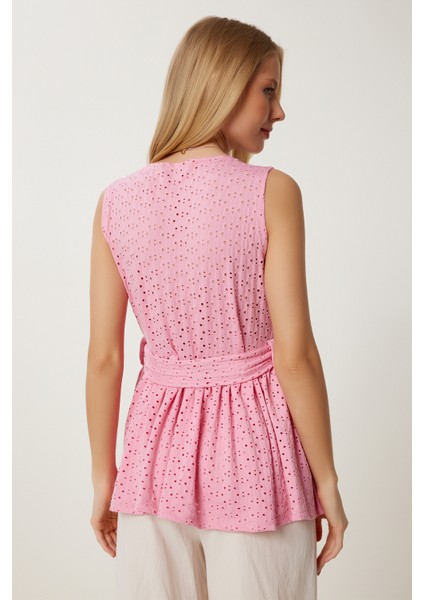 Anvelop Yaka Ajurlu Örme Bluz LZV0015 Pembe fırsatları
