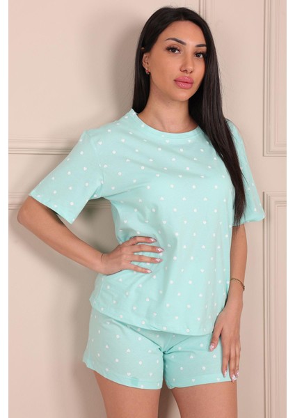 Minik Nokta Kalp Desenli Kısa Kol Şortlu Pijama Takımı Turkuaz fiyatları