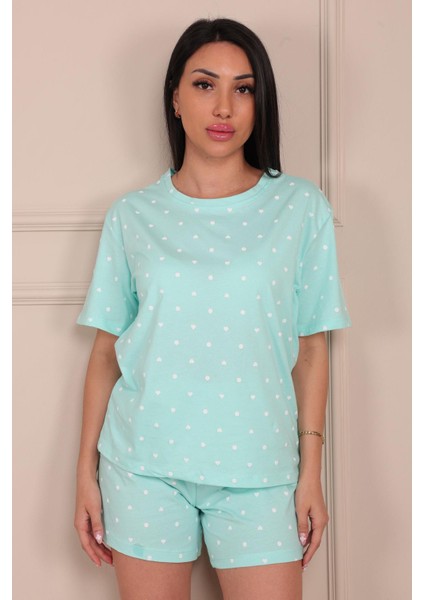 Minik Nokta Kalp Desenli Kısa Kol Şortlu Pijama Takımı Turkuaz modelleri
