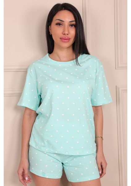 Minik Nokta Kalp Desenli Kısa Kol Şortlu Pijama Takımı Turkuaz fırsatları