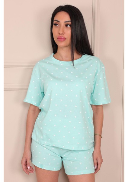 Minik Nokta Kalp Desenli Kısa Kol Şortlu Pijama Takımı Turkuaz