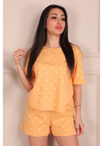 Minik Nokta Kalp Desenli Kısa Kol Şortlu Pijama Takımı Turuncu