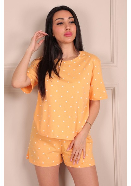 Minik Nokta Kalp Desenli Kısa Kol Şortlu Pijama Takımı Turuncu fiyatları