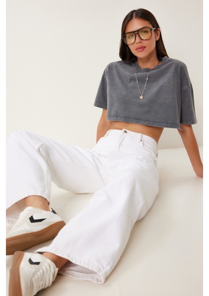 Soluk Efektli Pamuklu Crop Örme T-Shirt LBF0019 Antrasit