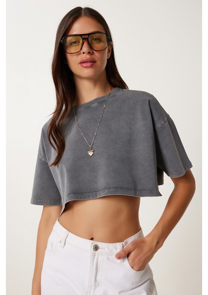 Soluk Efektli Pamuklu Crop Örme T-Shirt LBF0019 Antrasit fiyatları