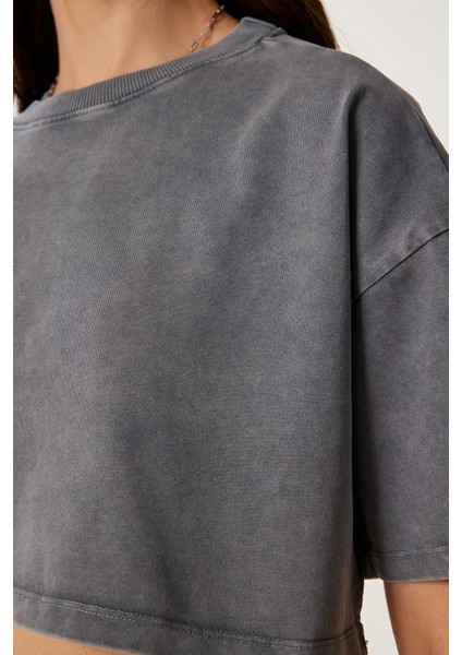 Soluk Efektli Pamuklu Crop Örme T-Shirt LBF0019 Antrasit modelleri
