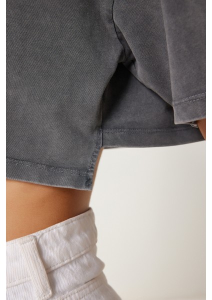 Soluk Efektli Pamuklu Crop Örme T-Shirt LBF0019 Antrasit fırsatları