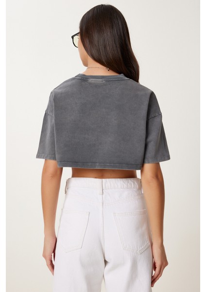 Soluk Efektli Pamuklu Crop Örme T-Shirt LBF0019 Antrasit indirimleri