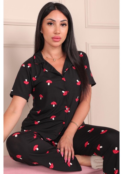 Kadın Maskülen Yaka Mantar Desenli Altı Uzun Milan Kumaş Pijama Takımı Siyah