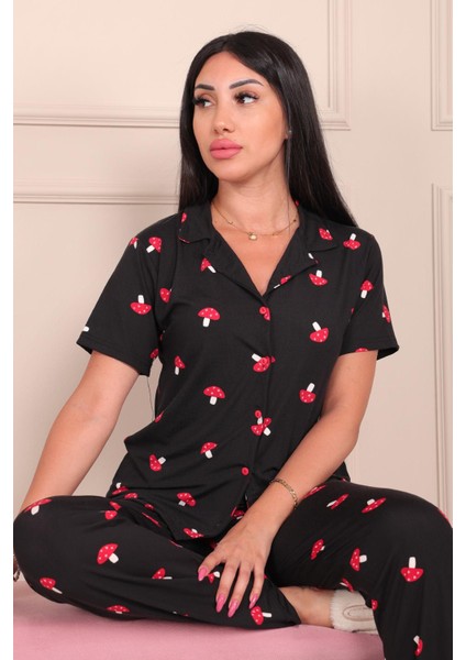 Kadın Maskülen Yaka Mantar Desenli Altı Uzun Milan Kumaş Pijama Takımı Siyah fiyatları