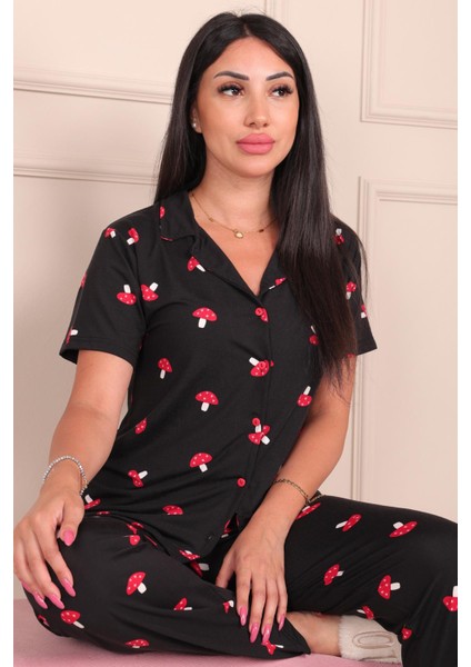 Kadın Maskülen Yaka Mantar Desenli Altı Uzun Milan Kumaş Pijama Takımı Siyah modelleri