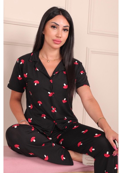 Kadın Maskülen Yaka Mantar Desenli Altı Uzun Milan Kumaş Pijama Takımı Siyah fırsatları