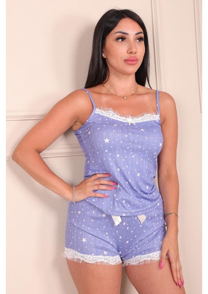 Kadın Yıldız Desenli Ip Askılı Şortlu Pegasus Pijama Takımı Mavi