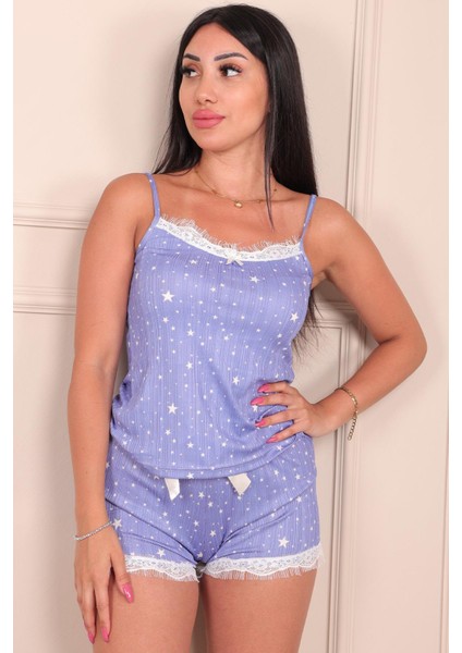 Kadın Yıldız Desenli Ip Askılı Şortlu Pegasus Pijama Takımı Mavi modelleri