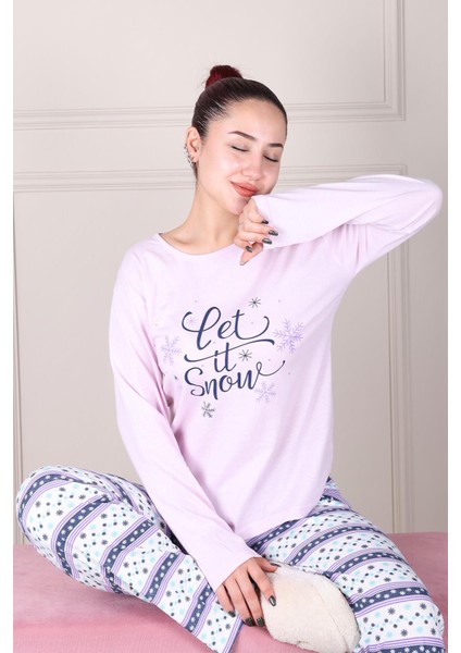 Kar Tanesi Desenli Uzun Kollu Pijama Takımı Lila